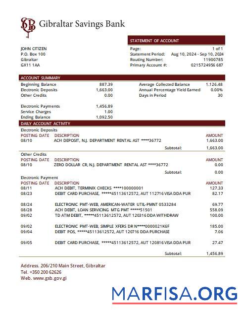 Blank Gibraltar Savings bank statement word sample